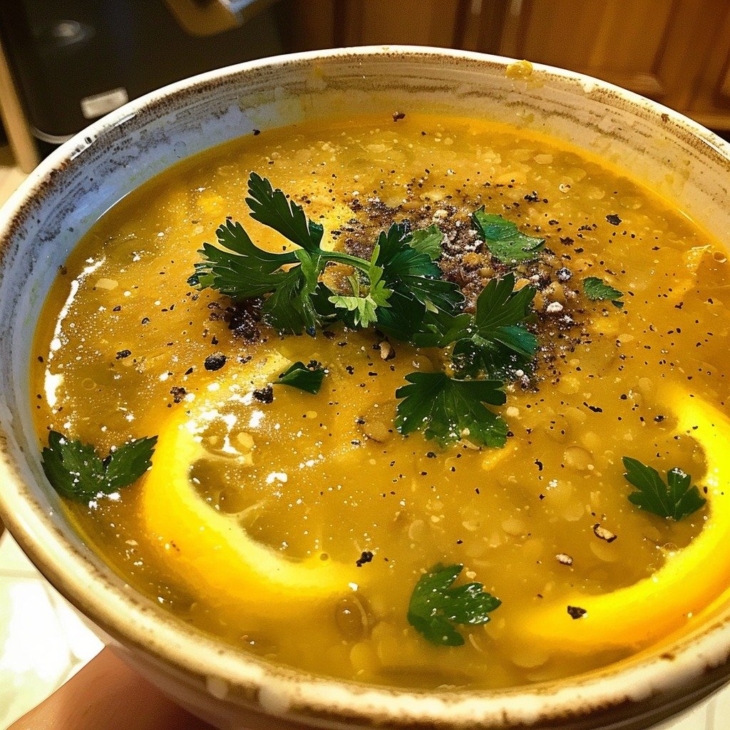 Crushed Lentil Soup with Lemon and Parsley