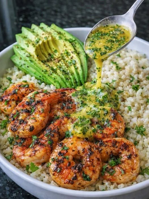 Keto Grilled Shrimp Avocado Rice Bowl