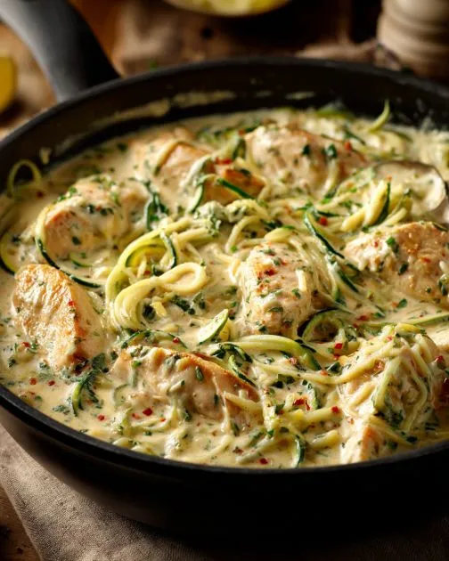 Low Carb Creamy Parmesan Chicken and Zucchini Noodles